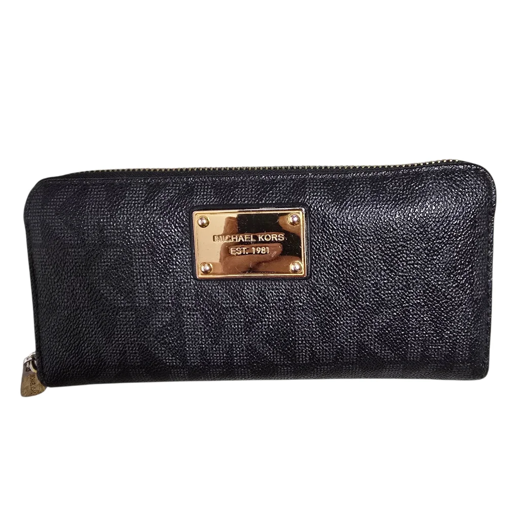 Michael Kors Continental Black and Gold Signature Logo  Zip-Around Wallet